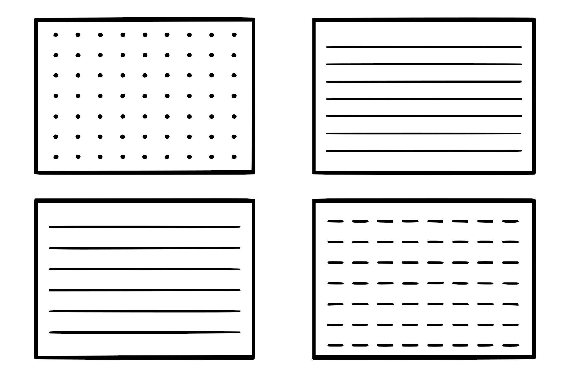 Four blank paper templates arranged in a 2x2 grid, including dotted paper, lined paper, and dashed paper, drawn in black and white cartoon style.