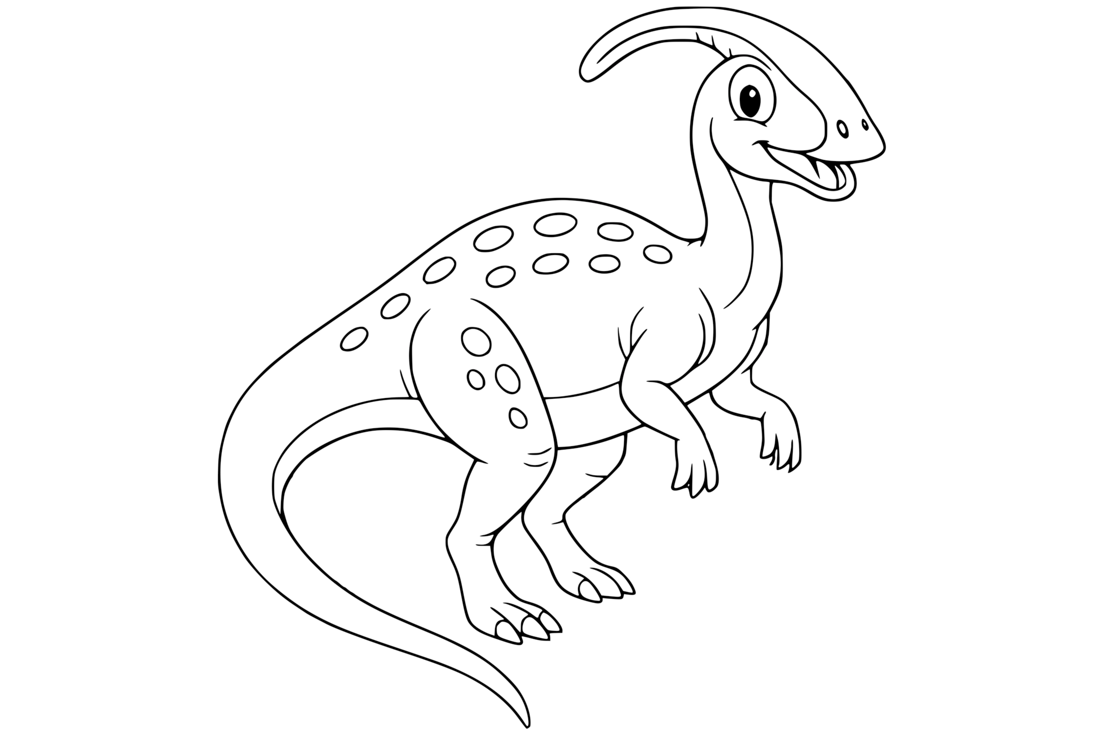 Parasaurolophus Dinosaur with four legs, a long tail, small arms, and a curved crest on its head.