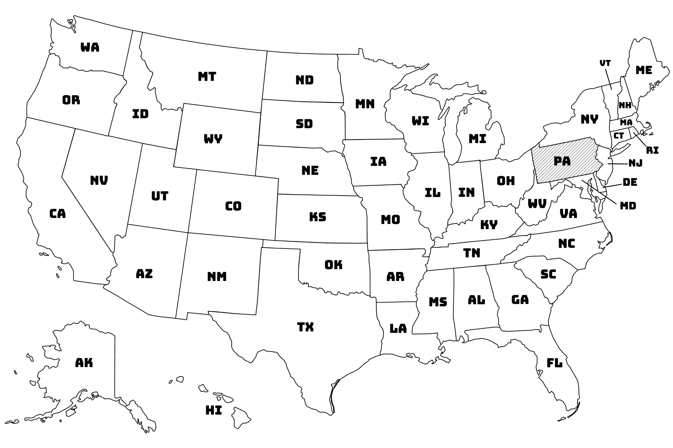 Map of the United States with Pennsylvania highlighted using diagonal shading.