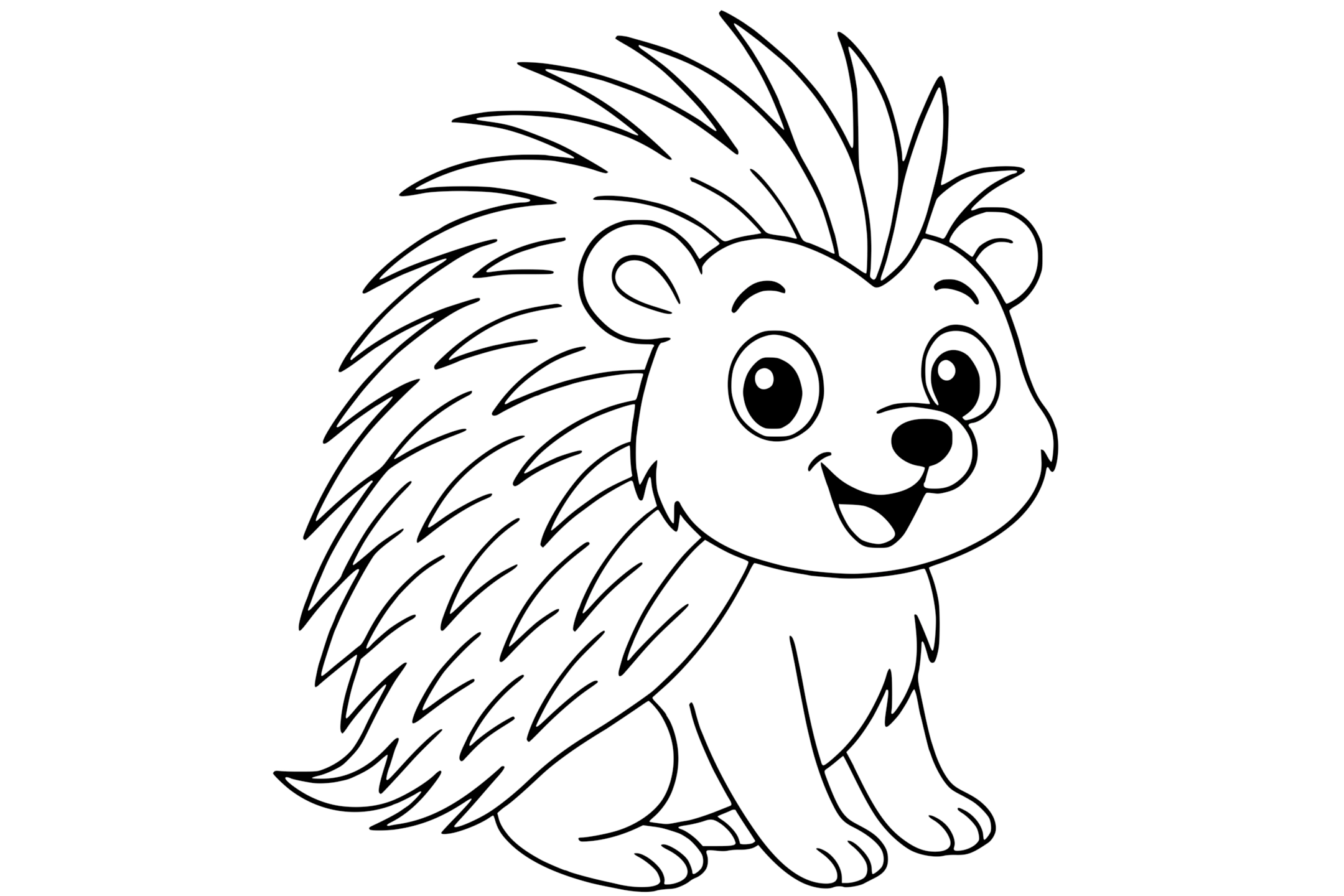 Porcupine with big eyes, small ears, short legs, and a body covered in long quills.
