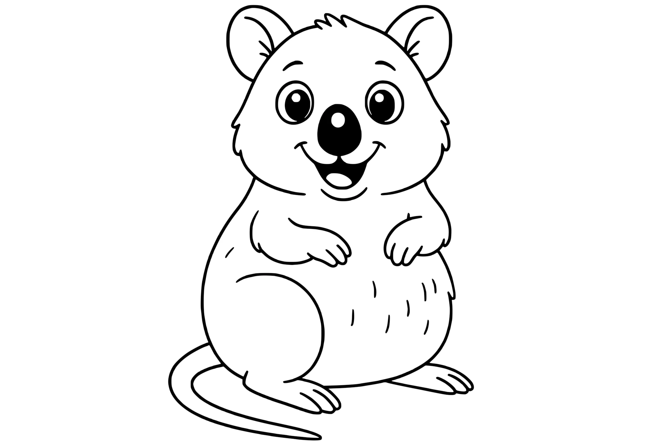 Quokka with rounded ears, a big nose, small paws, and a long tail.