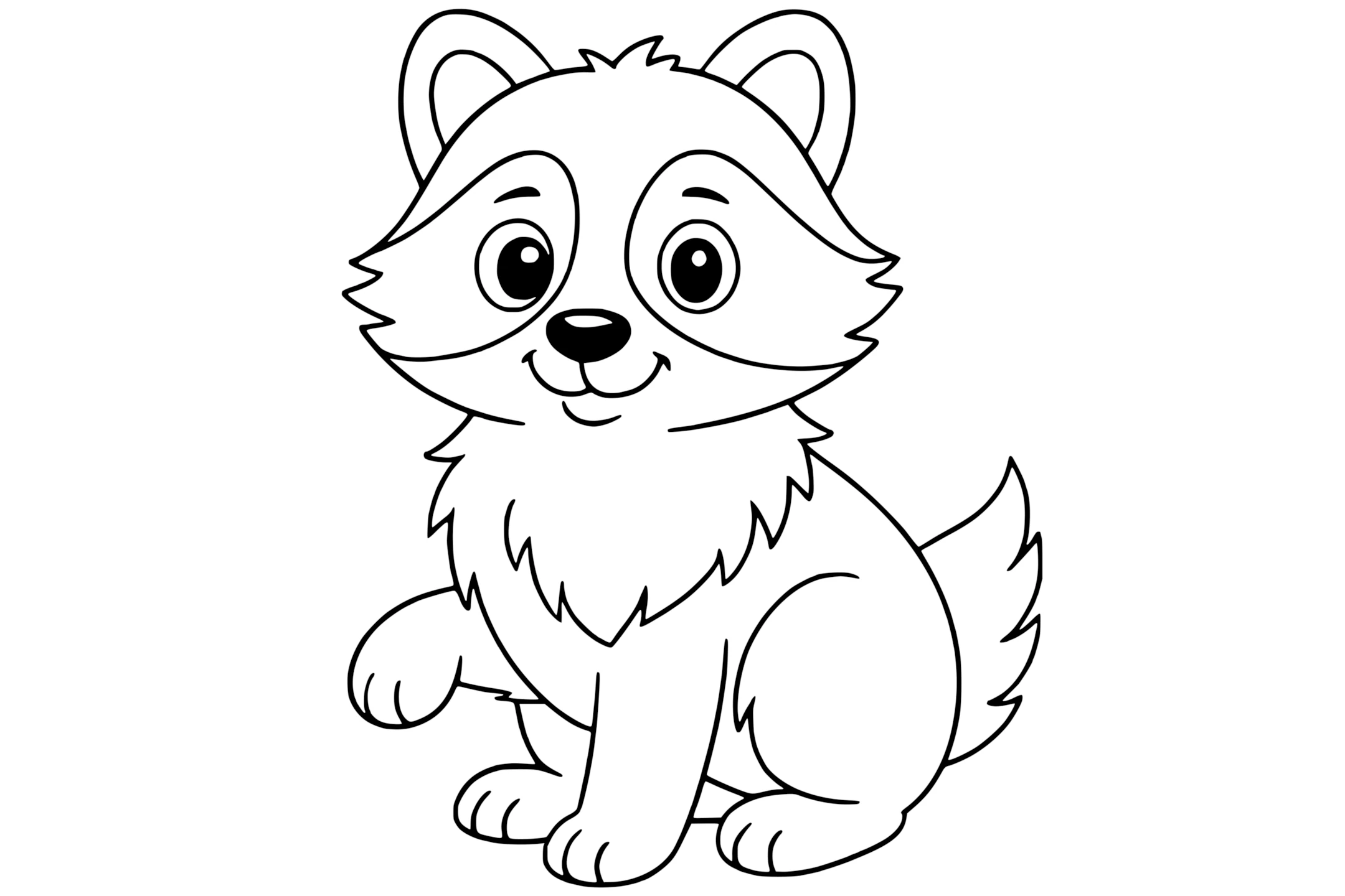 Raccoon Dog with big eyes, pointed ears, a fluffy tail with stripes, and one paw lifted.