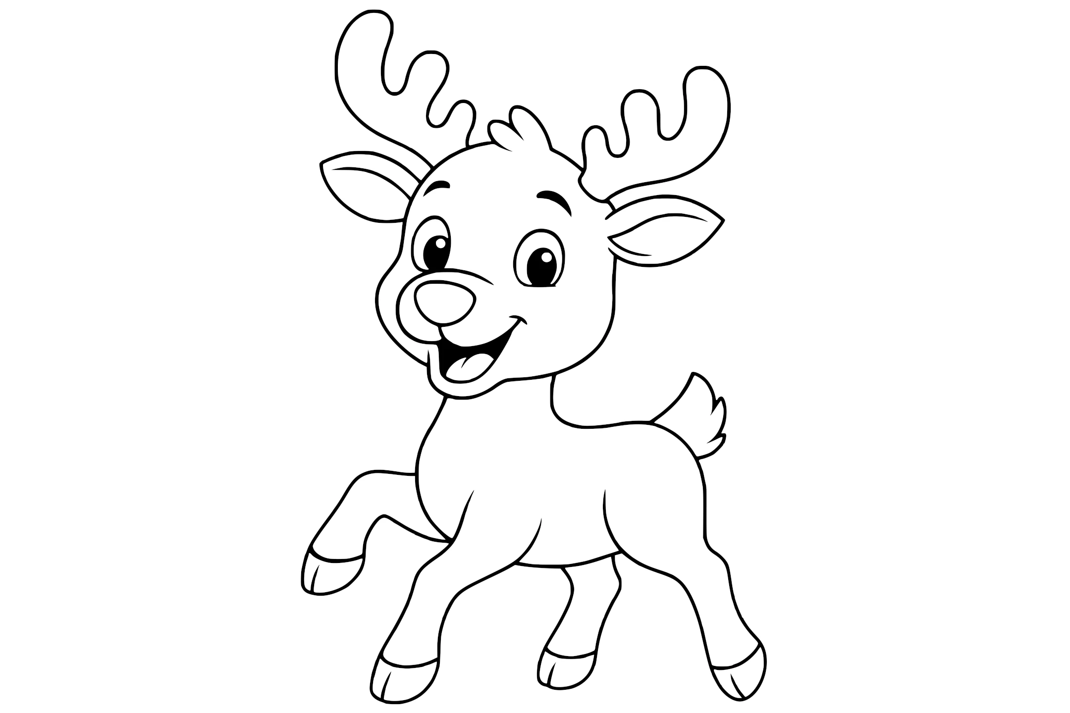 Reindeer with big antlers, large eyes, a small tail, and lifted front legs.