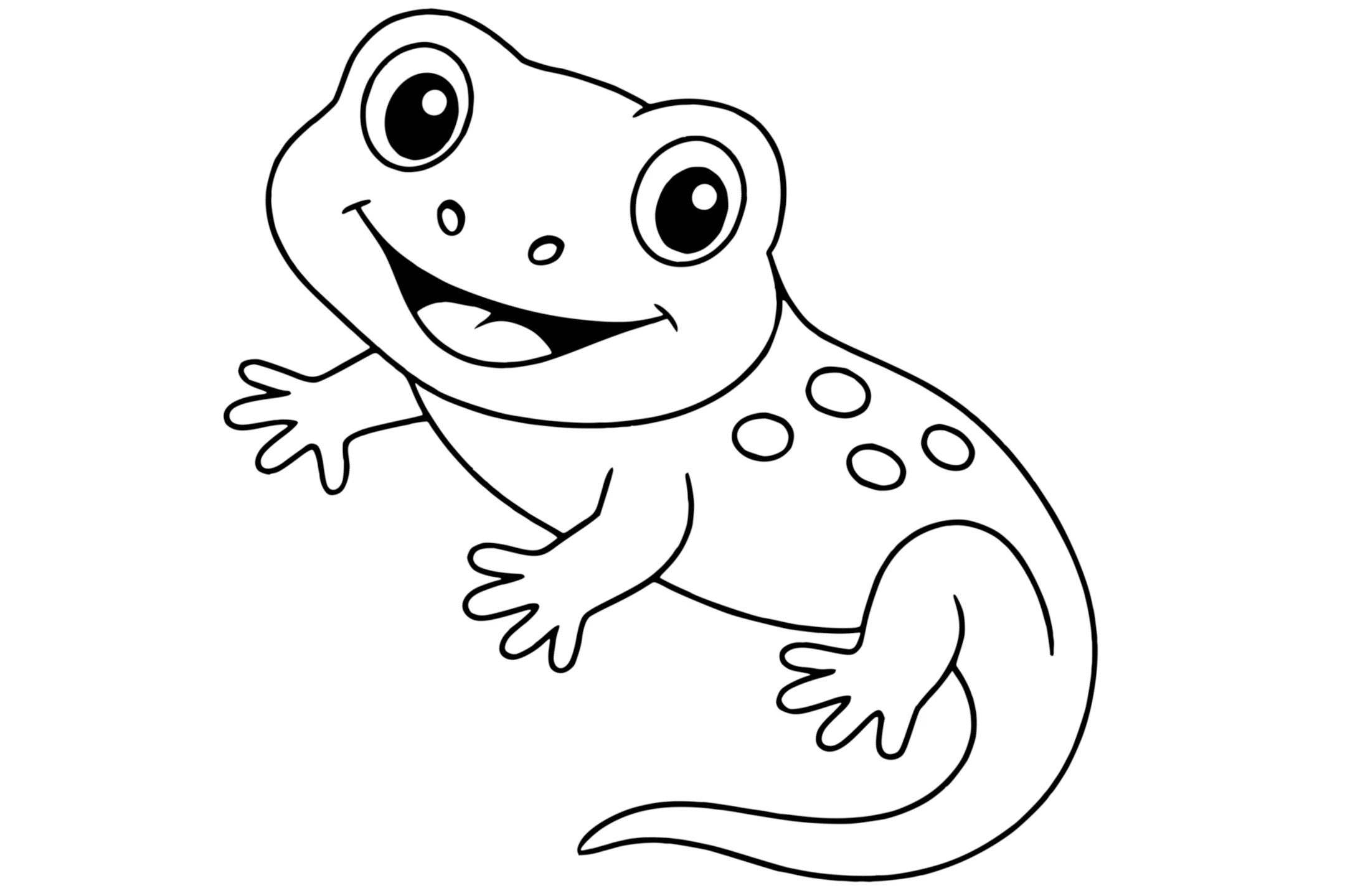 Salamander with big eyes, a wide smile, four legs with toes, a long tail, and spots on its back.