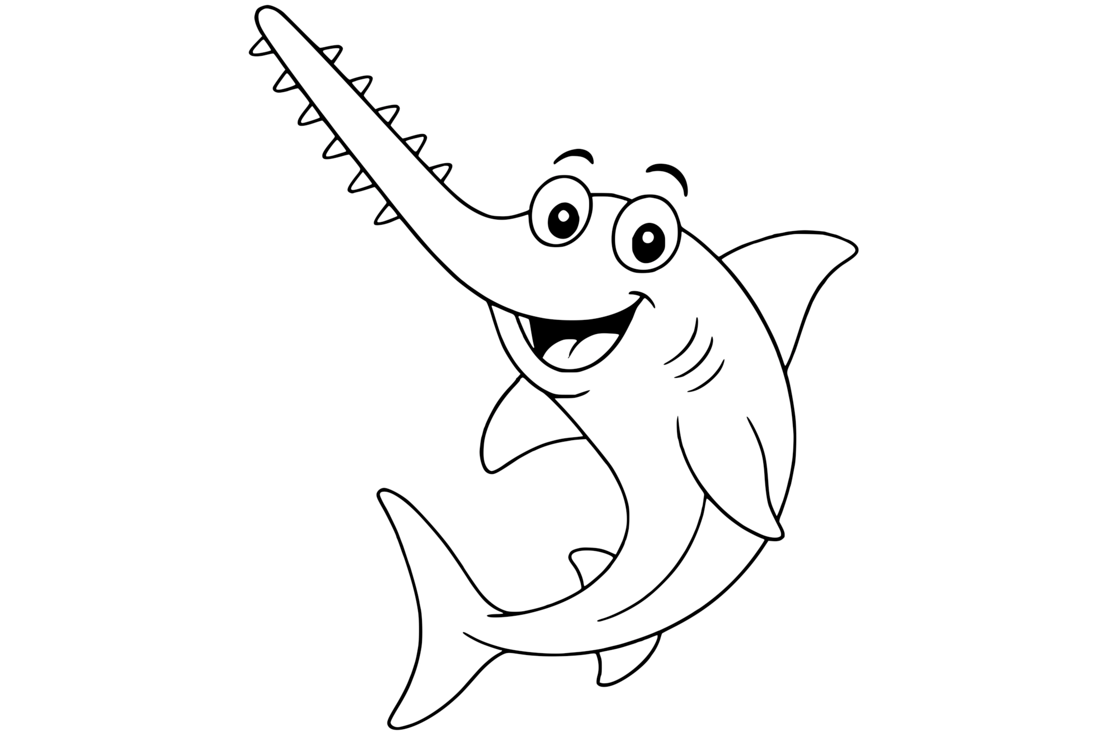 Sawfish with large eyes, a long saw-shaped snout with teeth, curved fins, and a tail.