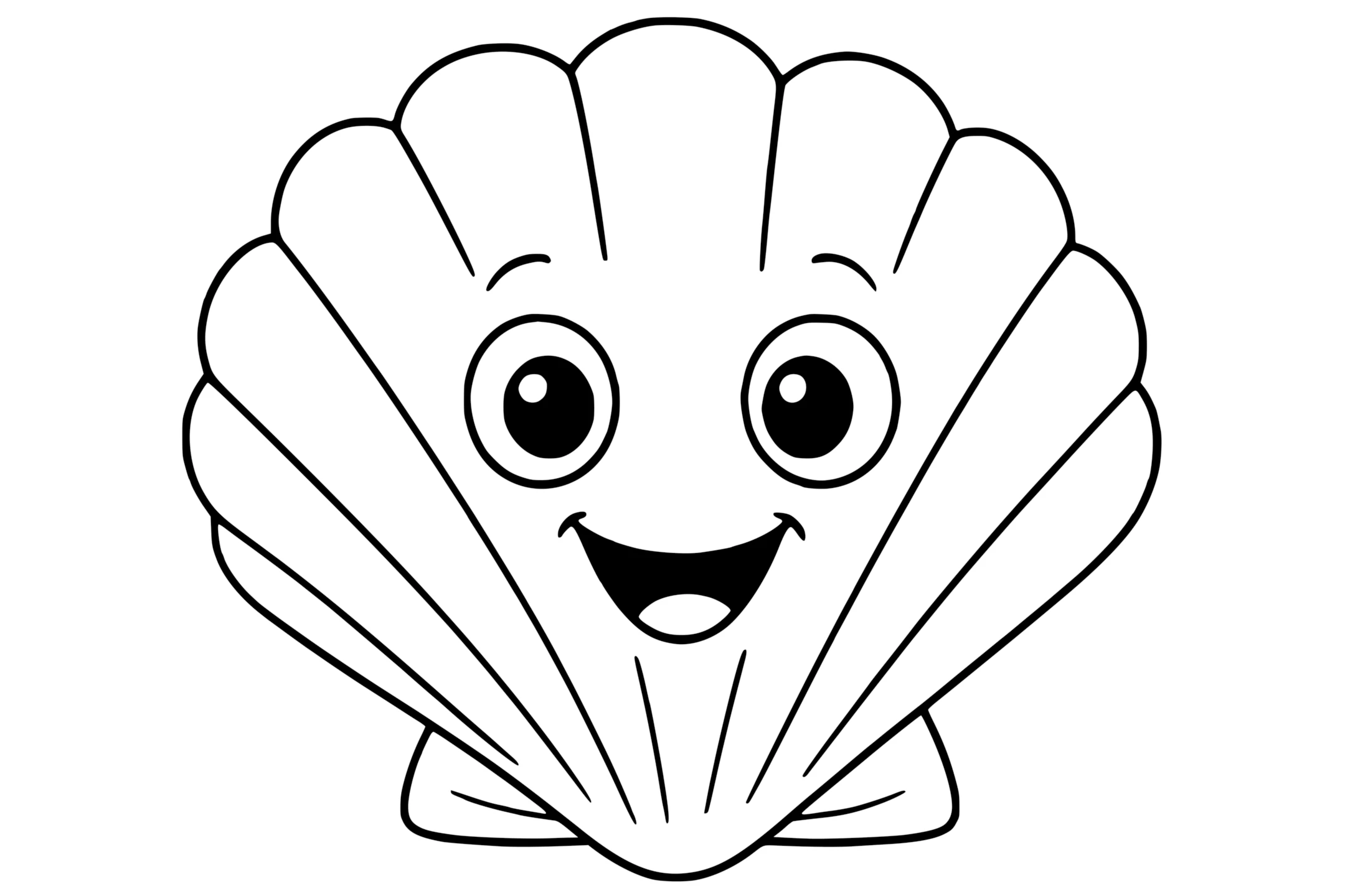 Scallop with large eyes, a big smiling mouth, and fan-shaped shell lines.