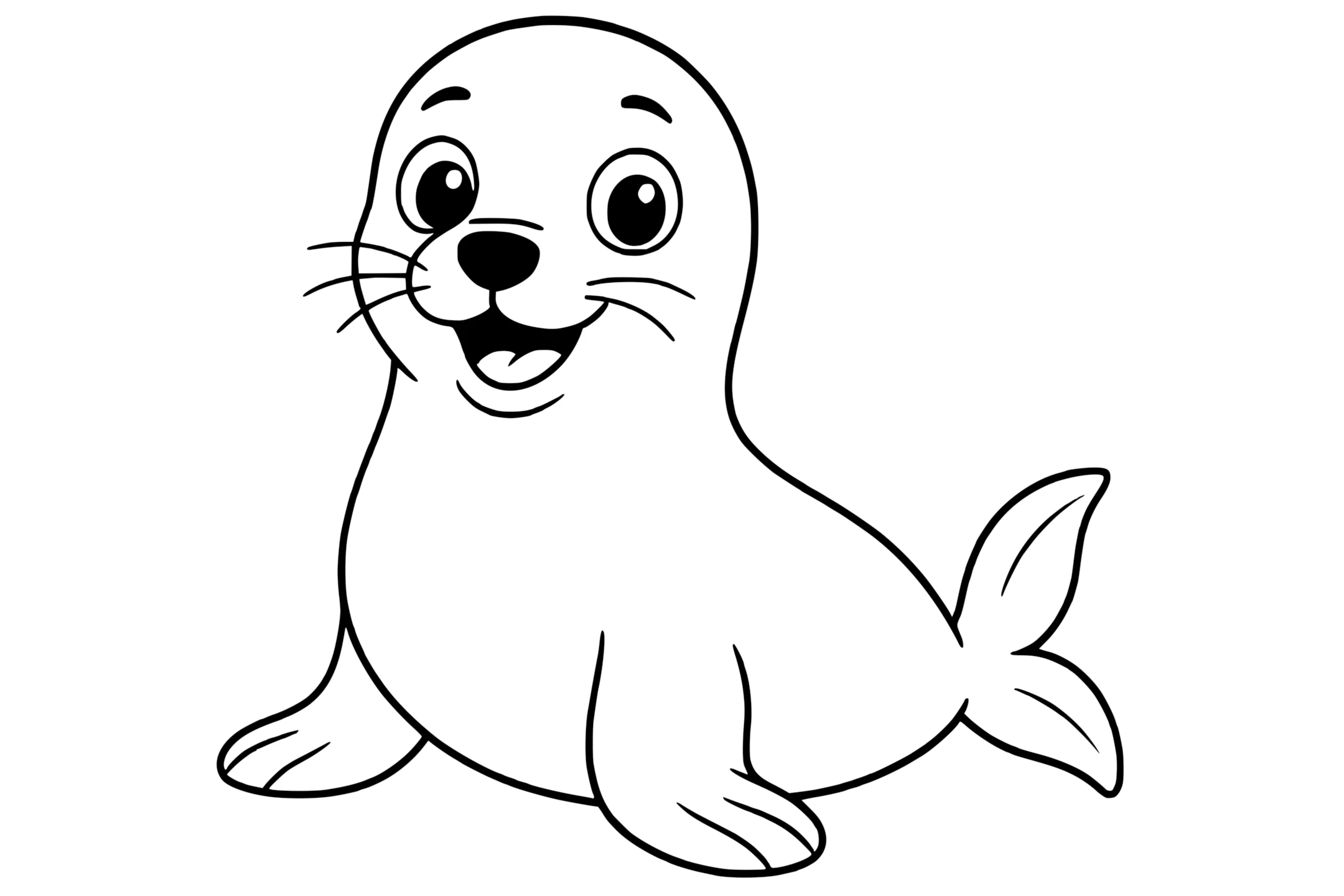 Sea Lion with large eyes, whiskers, front flippers, and a rounded tail.