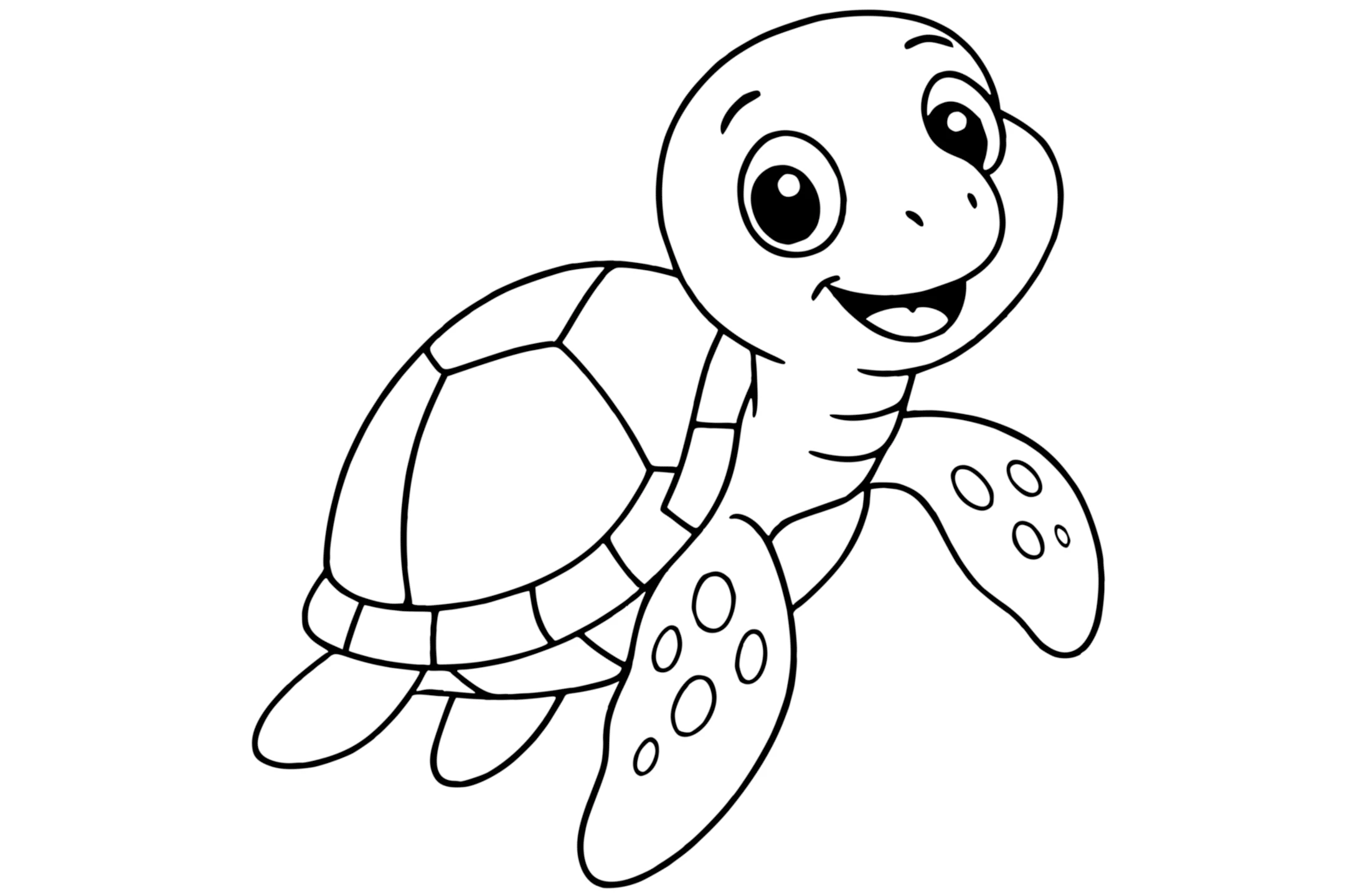 Sea Turtle with big eyes, a patterned shell, two large front flippers with spots, and a small tail.
