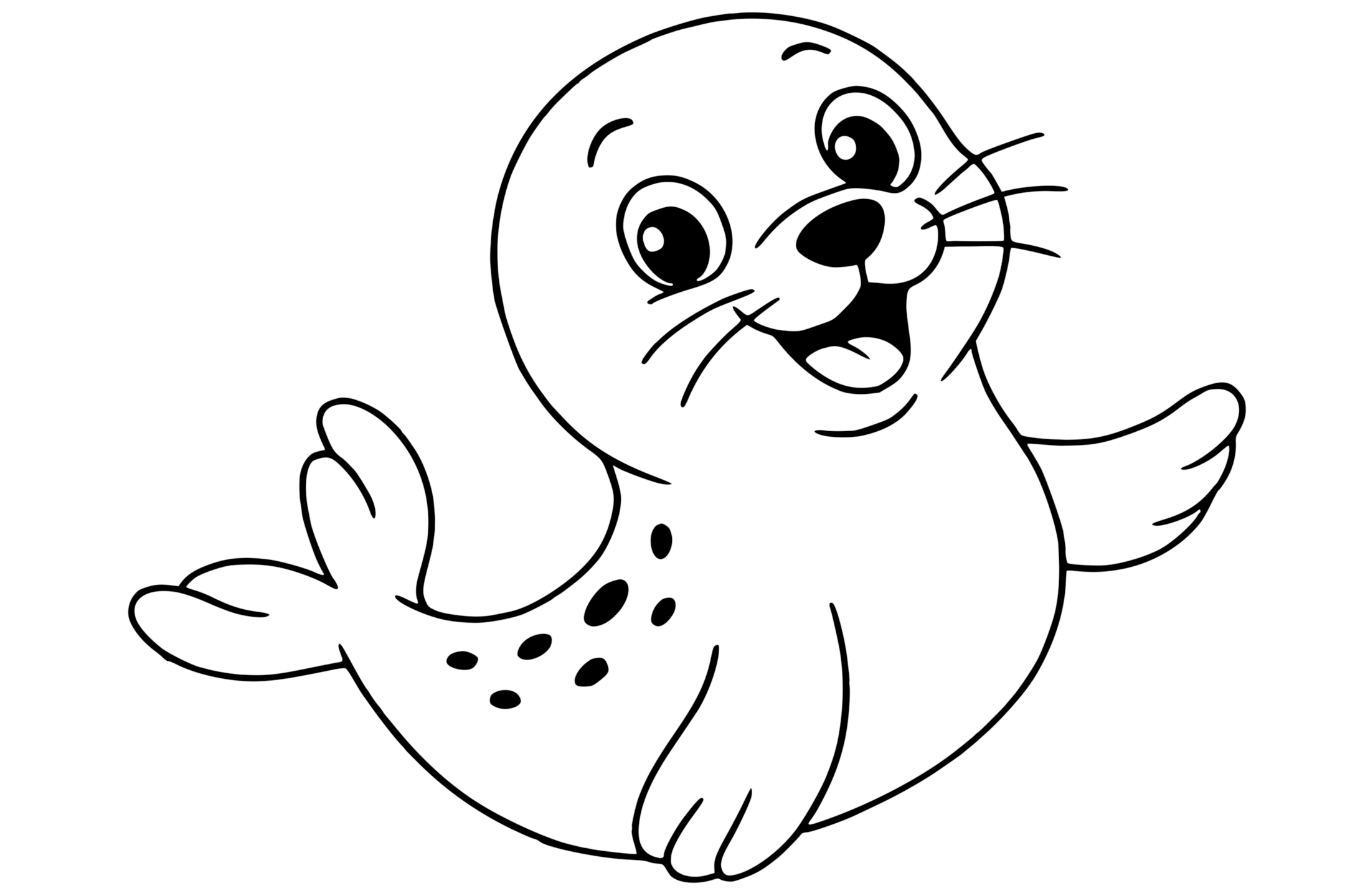 Seal with flippers raised, bright eyes, and spots on its back.