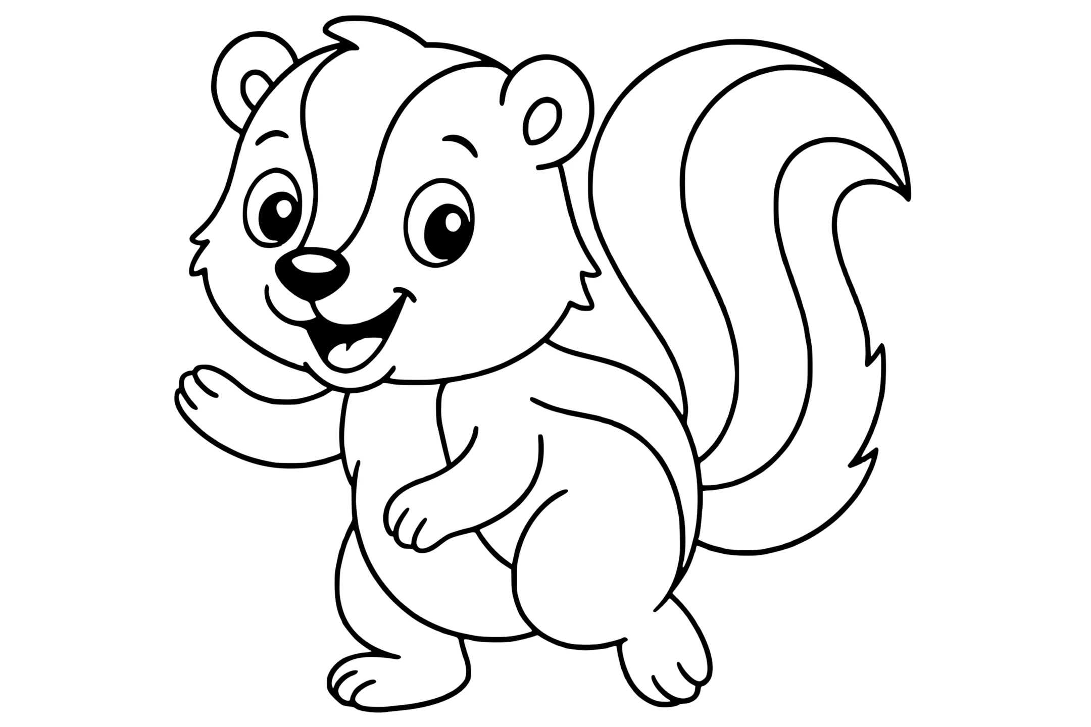 Skunk with a big fluffy tail, round ears, striped fur, and an open smile.