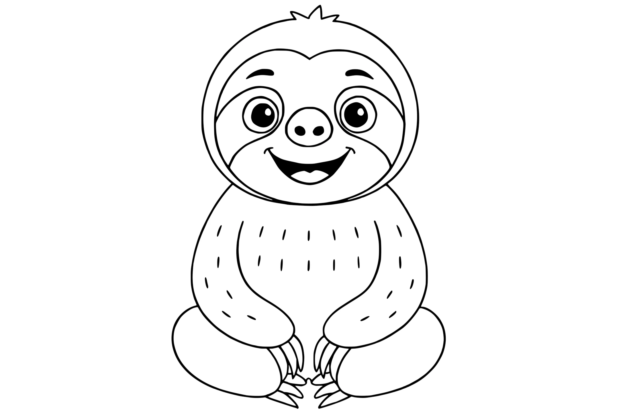 Sloth sitting with big eyes, a round face, long arms, and curved claws.