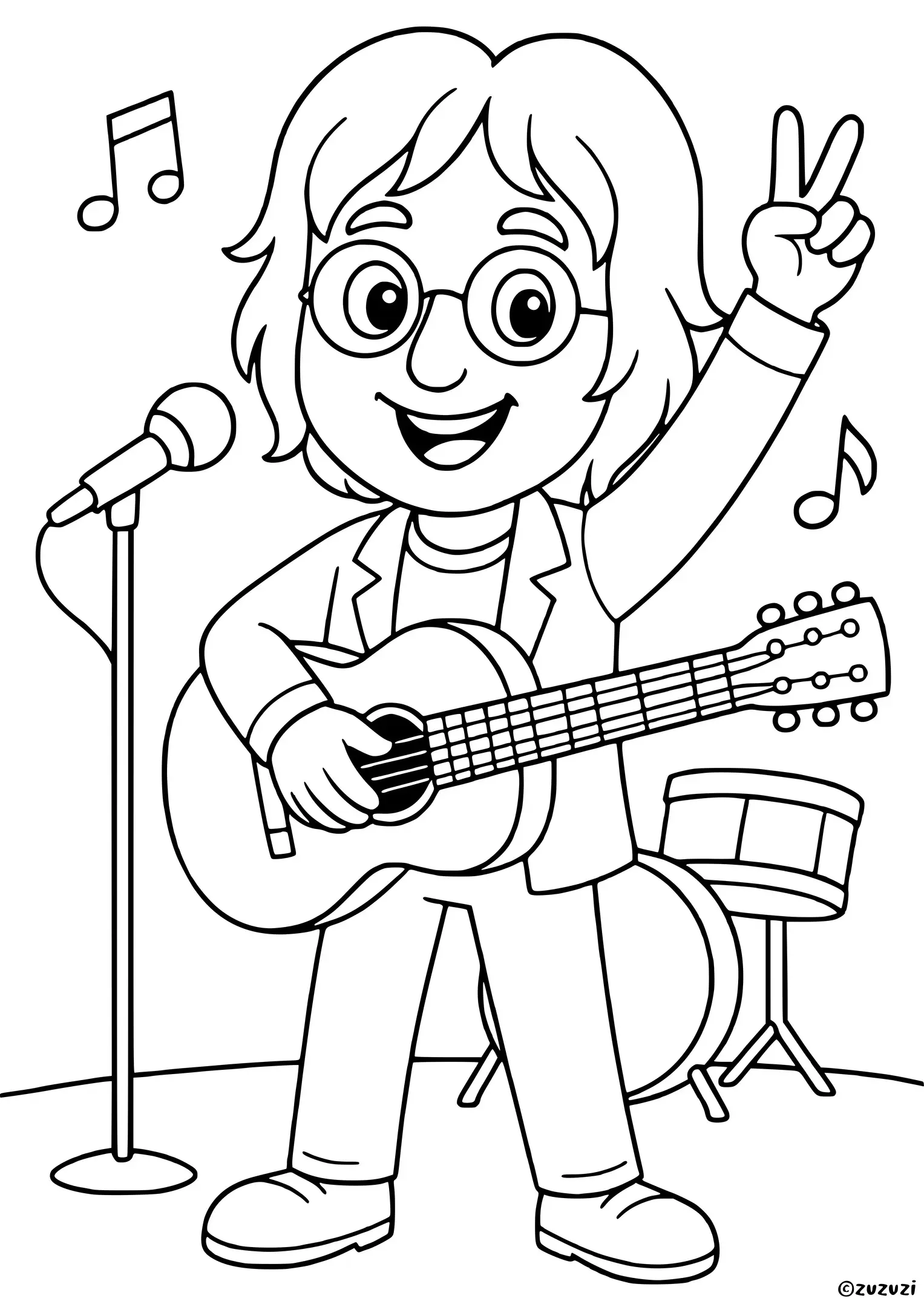 Coloring page of John Lennon smiling and playing guitar with one hand showing a peace sign, wearing round glasses and a jacket, with a microphone, drum set, and musical notes in the background.