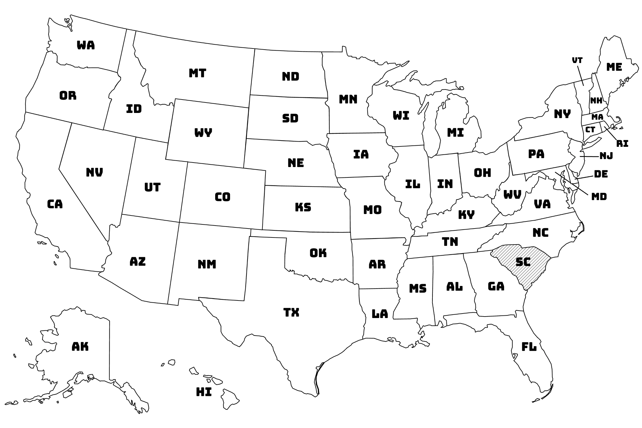 Map of the United States with South Carolina highlighted using diagonal shading.
