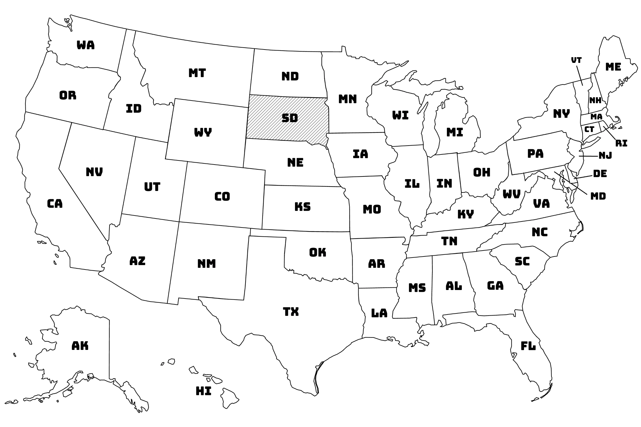 Map of the United States with South Dakota highlighted using diagonal shading.