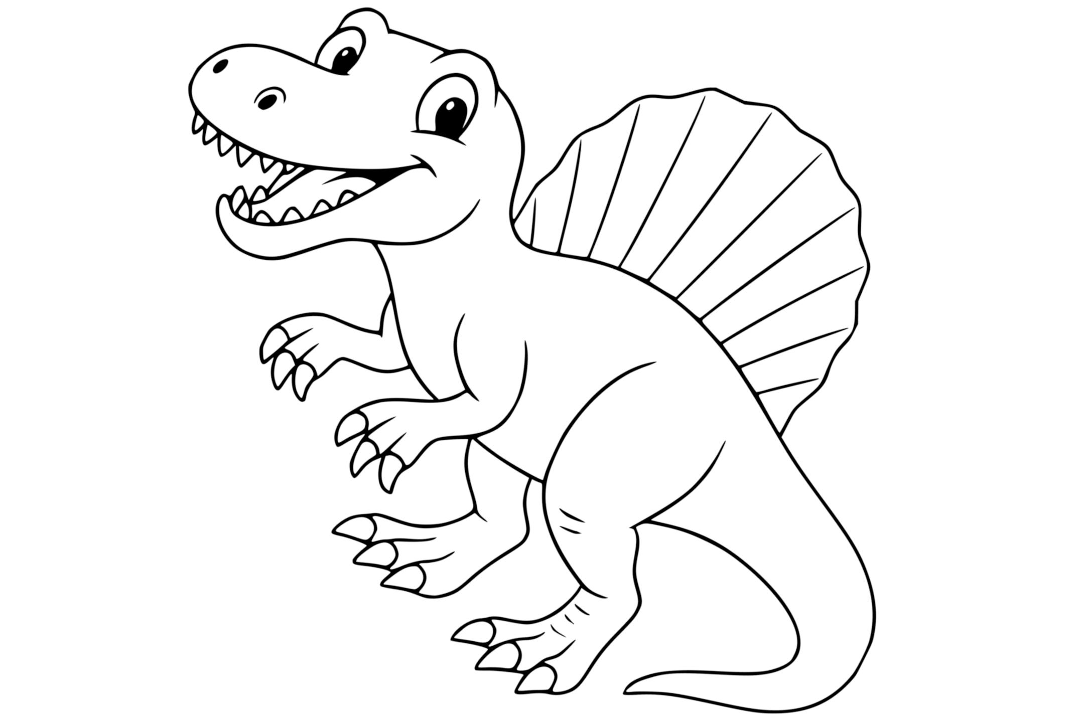 Spinosaurus Dinosaur with a sail-like back fin, two legs, short arms with claws, and a long tail.