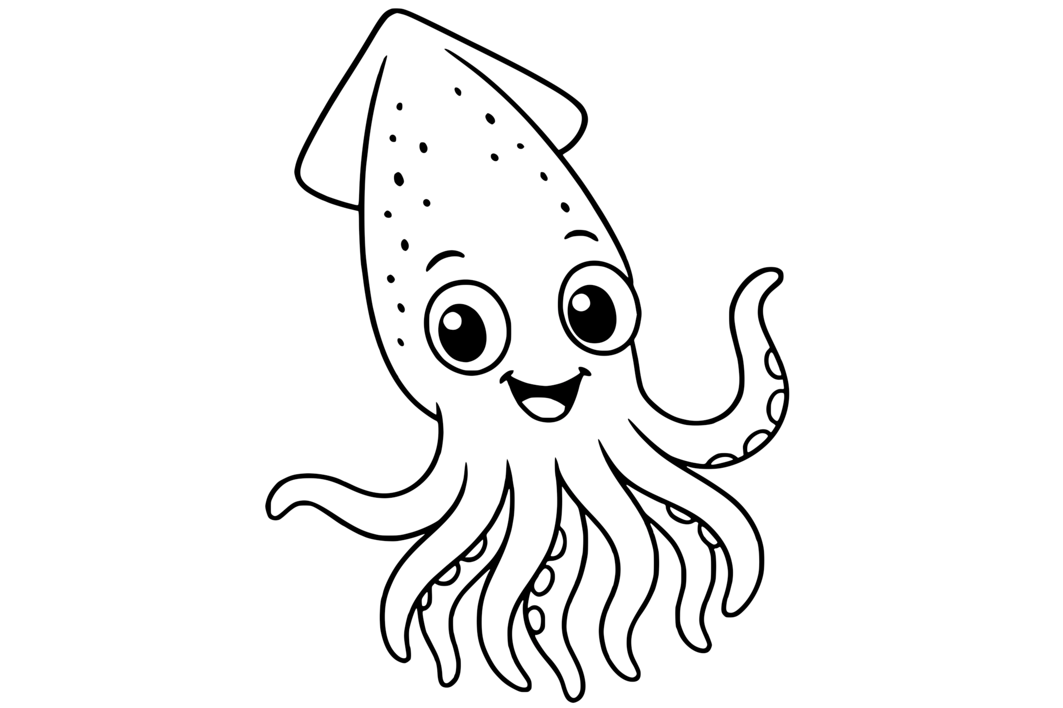Squid with large eyes, a pointed head, and waving tentacles.
