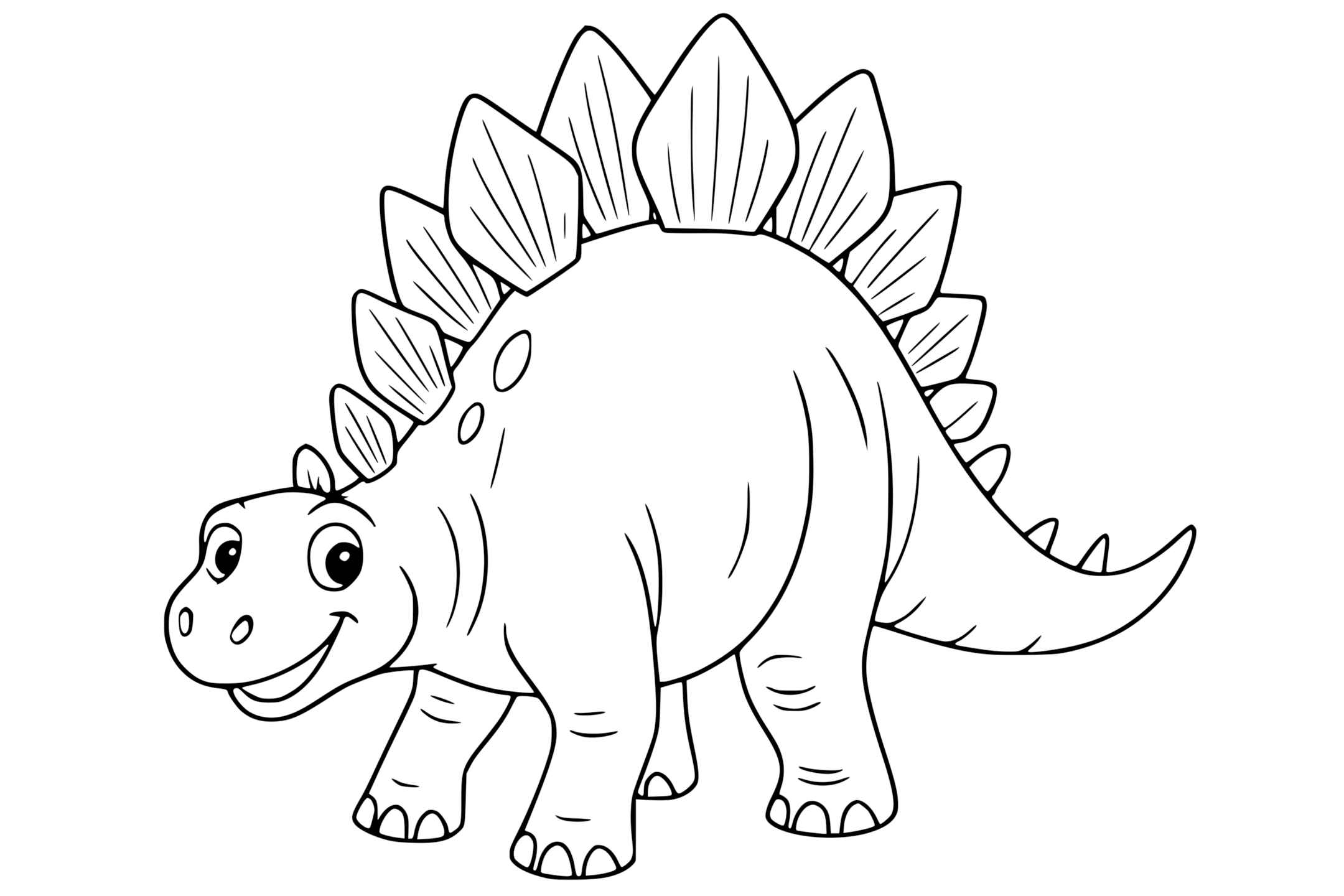 Stegosaurus Dinosaur with four legs, a row of large plates on its back, and a spiked tail.