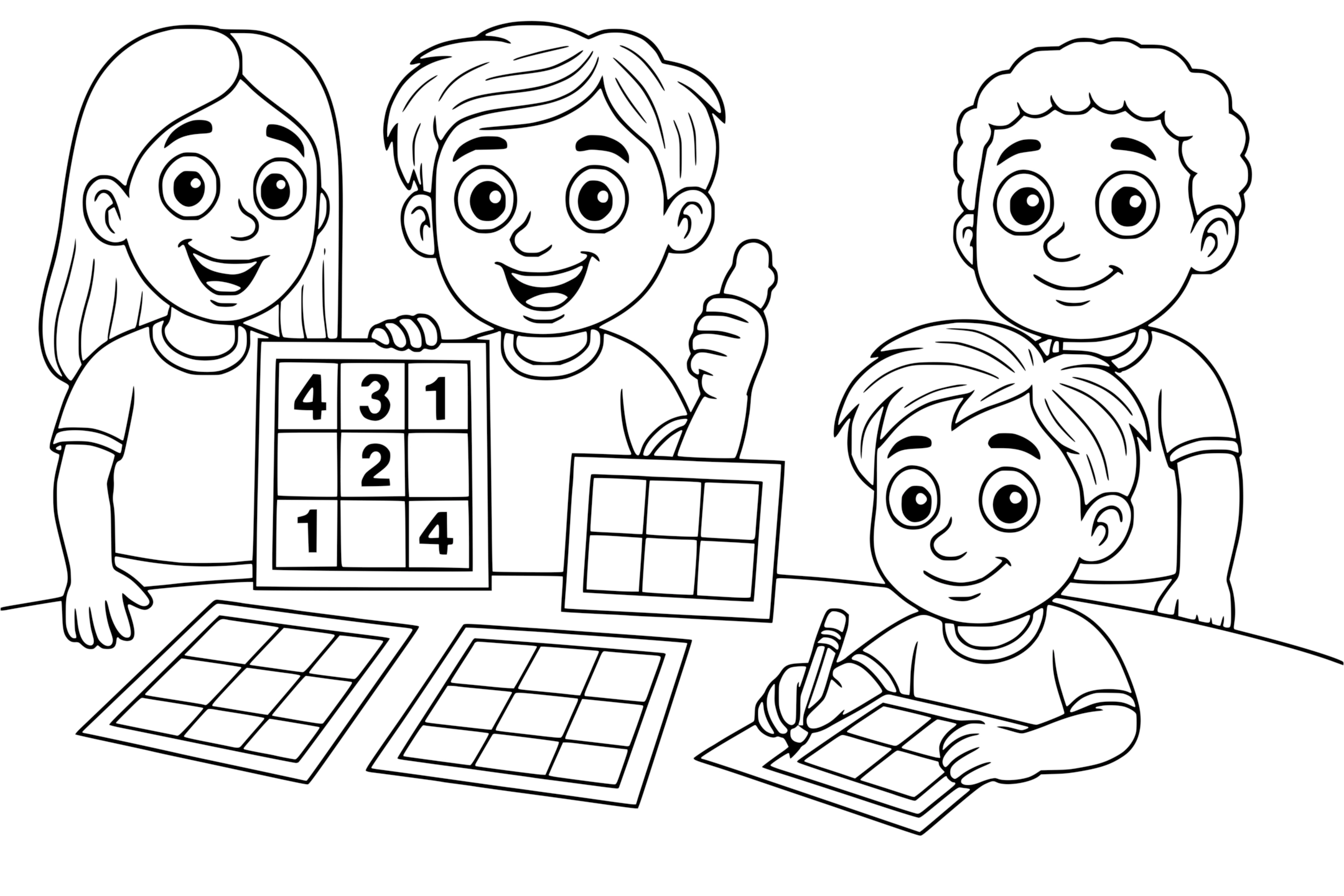 Cute sudoku activity for kids: four children with big open eyes happily working on sudoku grids at a table, drawn in clean black and white cartoon style on a white background.