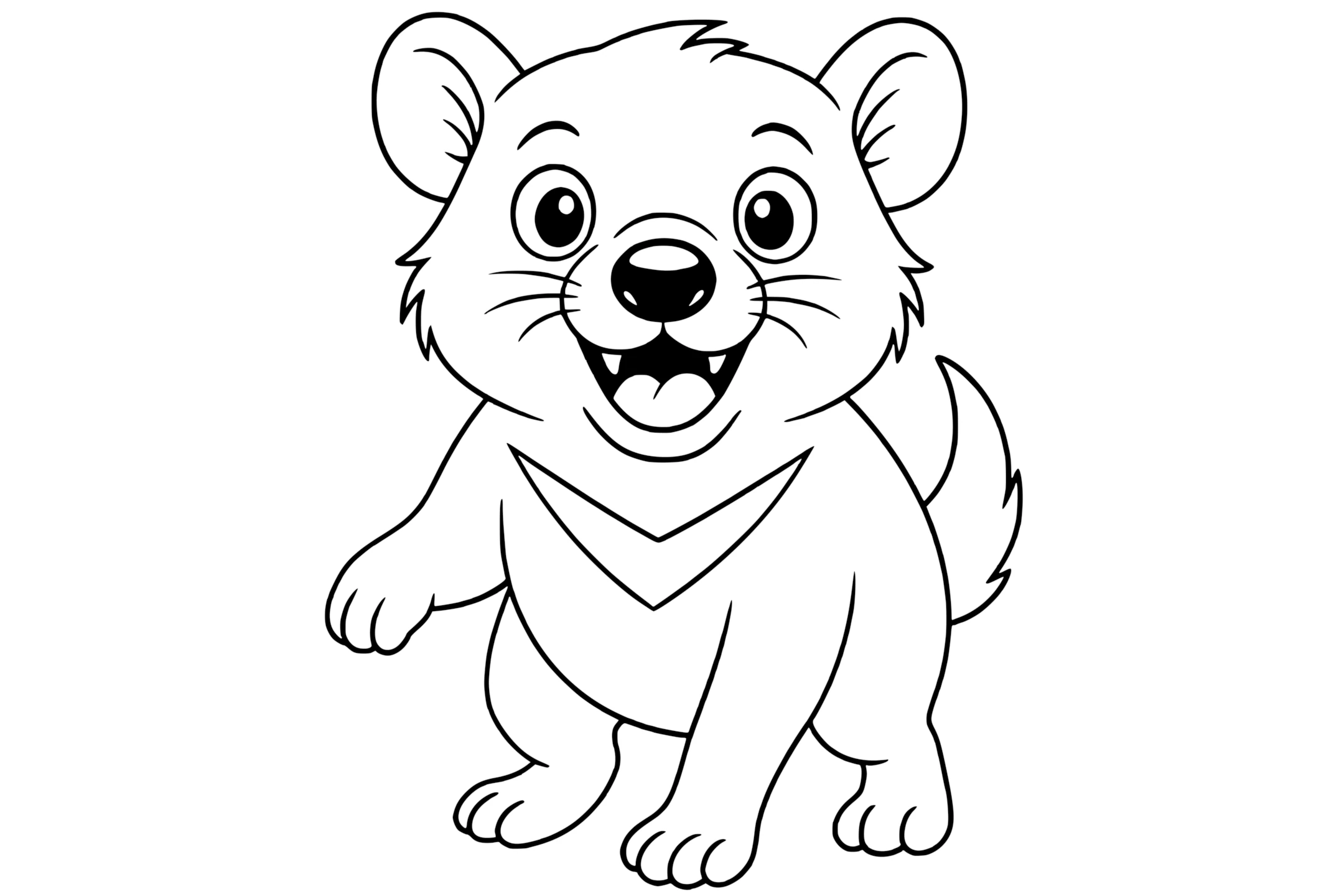 Tasmanian devil with big eyes, a wide open mouth showing teeth, a furry body, and a short tail.