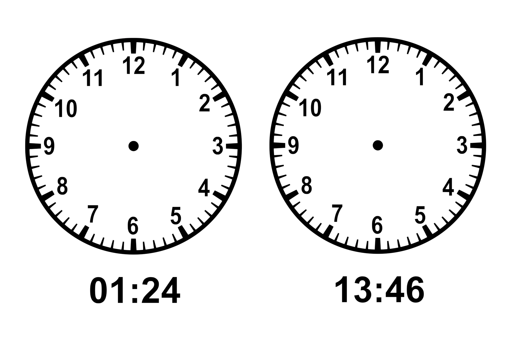 Two blank analog clocks are displayed side by side. The left clock is labeled “01:24” and the right one “13:46”, with no hands drawn on either clock face.