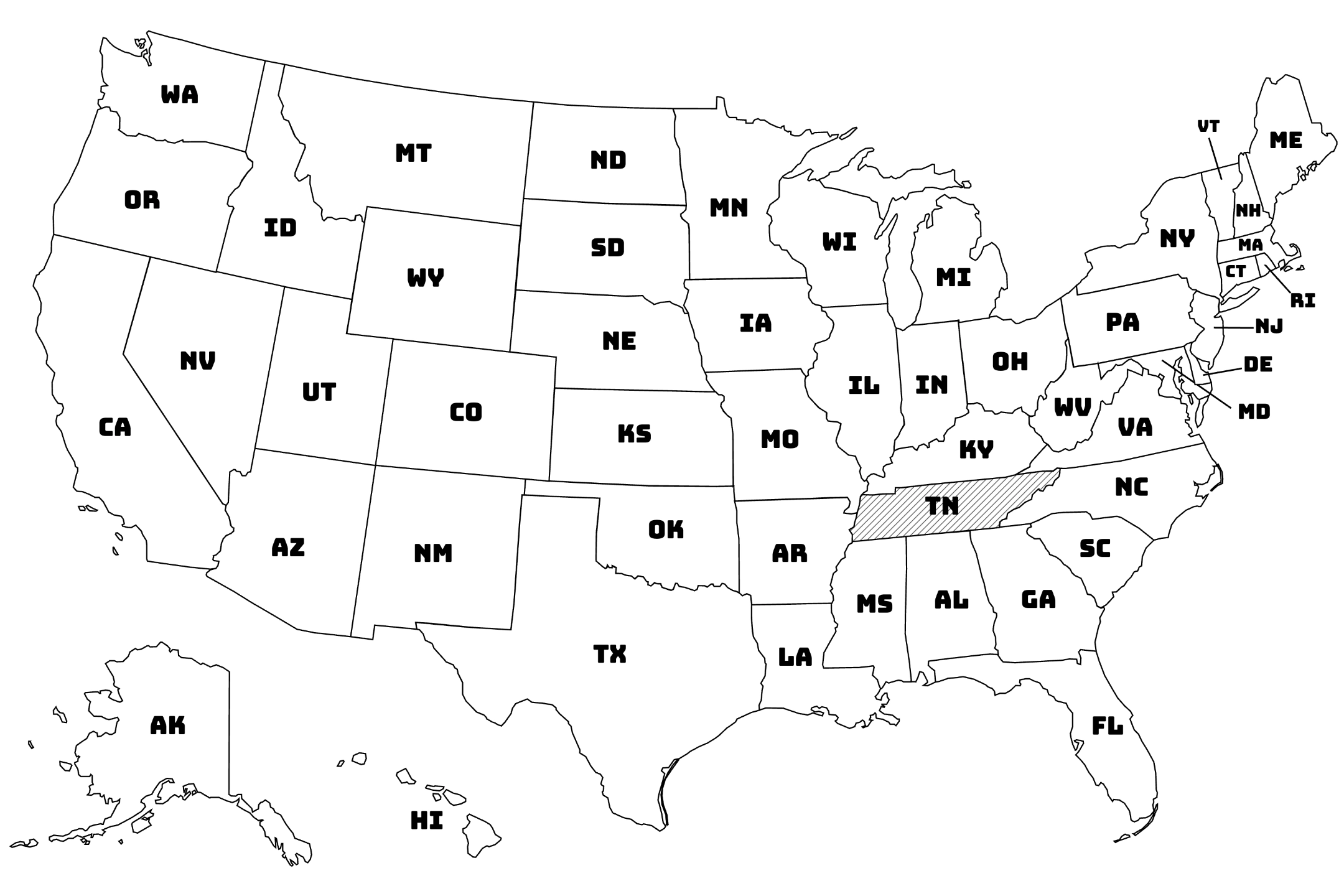 Map of the United States with Tennessee highlighted using diagonal shading.