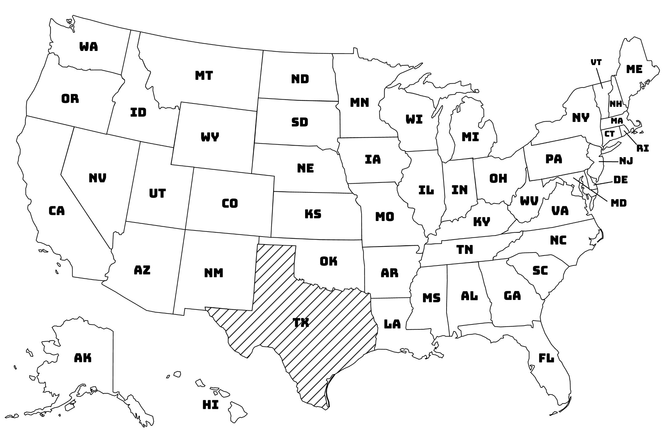 Map of the United States with Texas highlighted using diagonal shading.