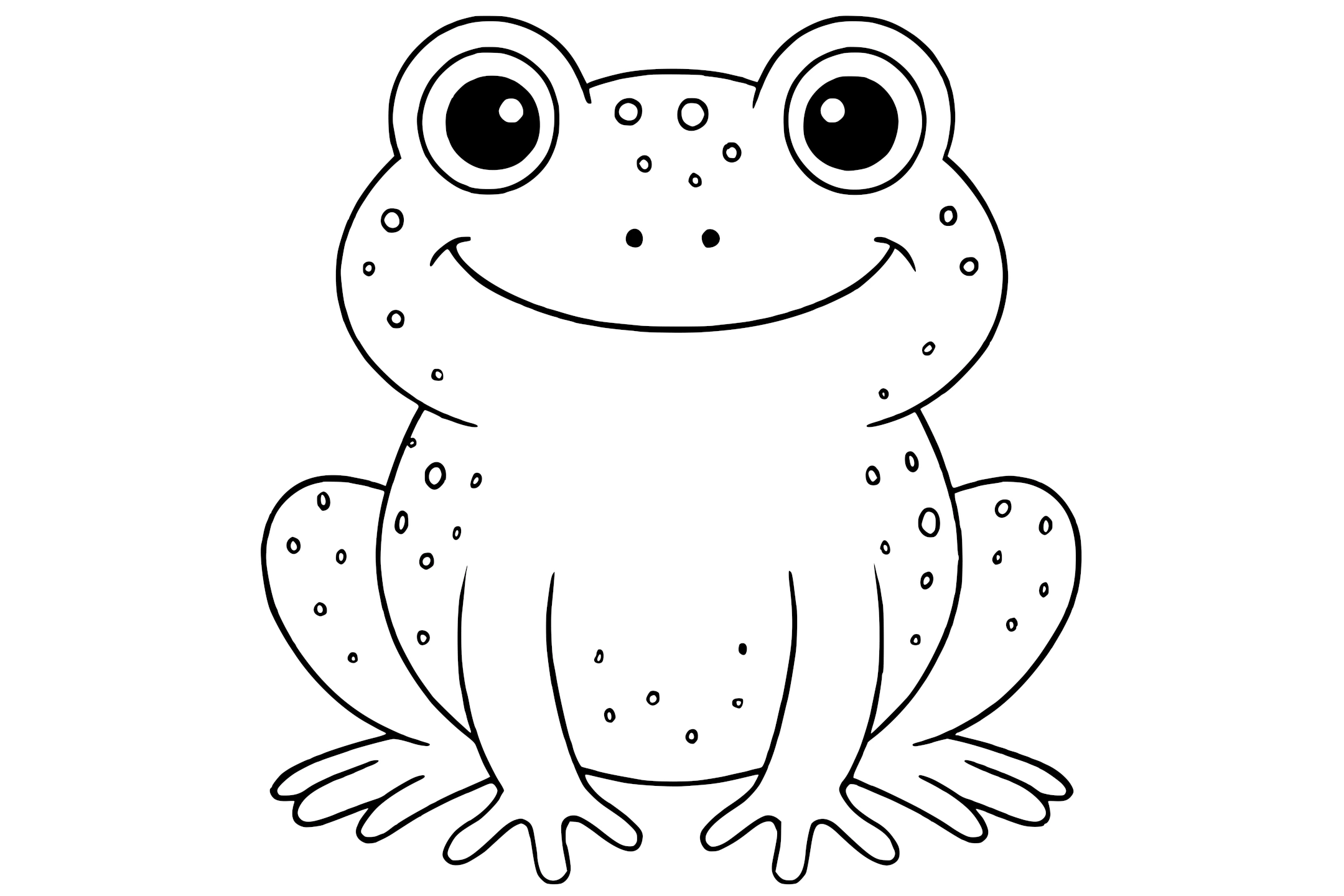 Toad with big round eyes, wide mouth, four legs, and spots on its body.