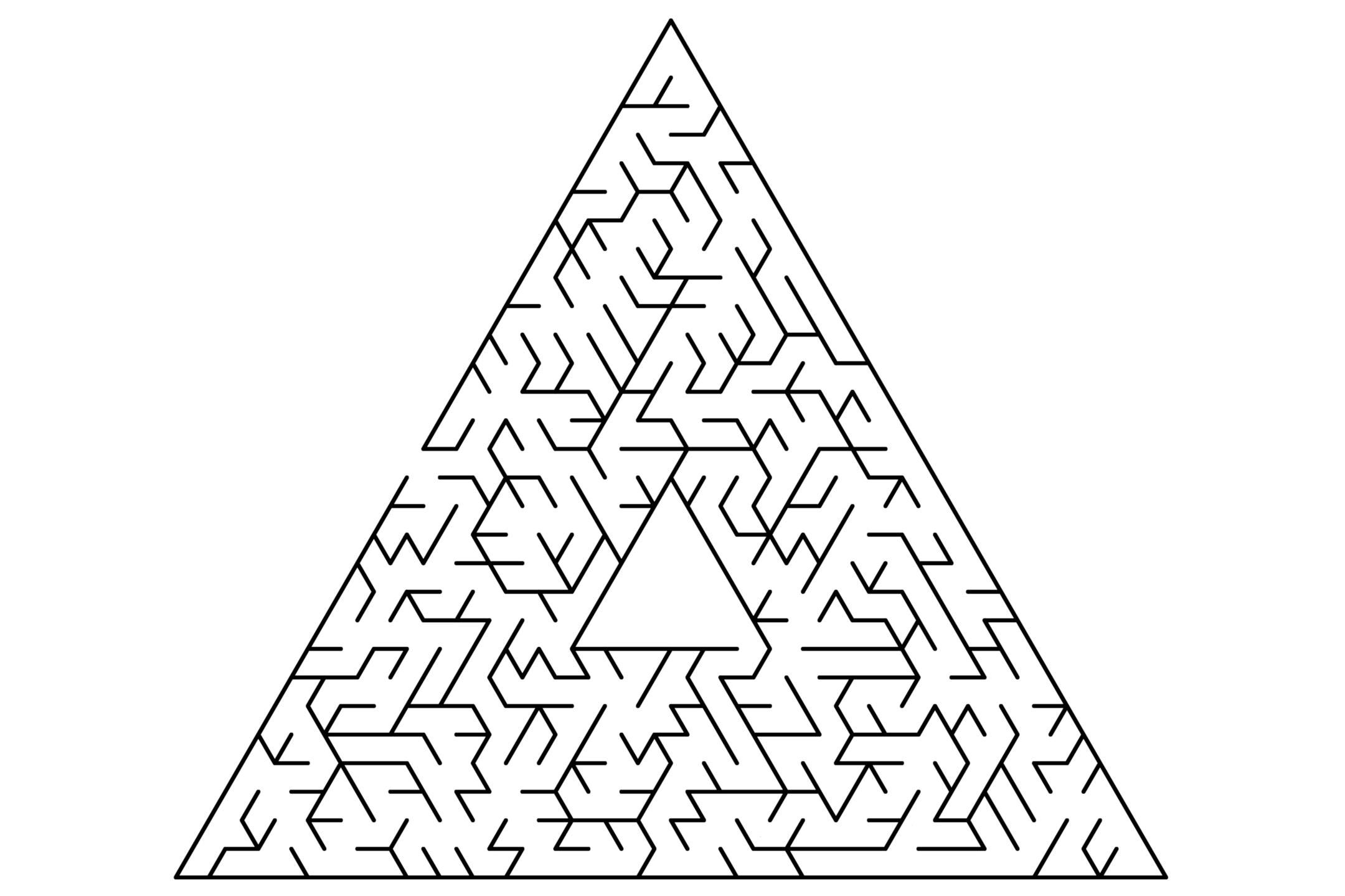 Triangular maze in black and white with angled corridors and an orange solution line.