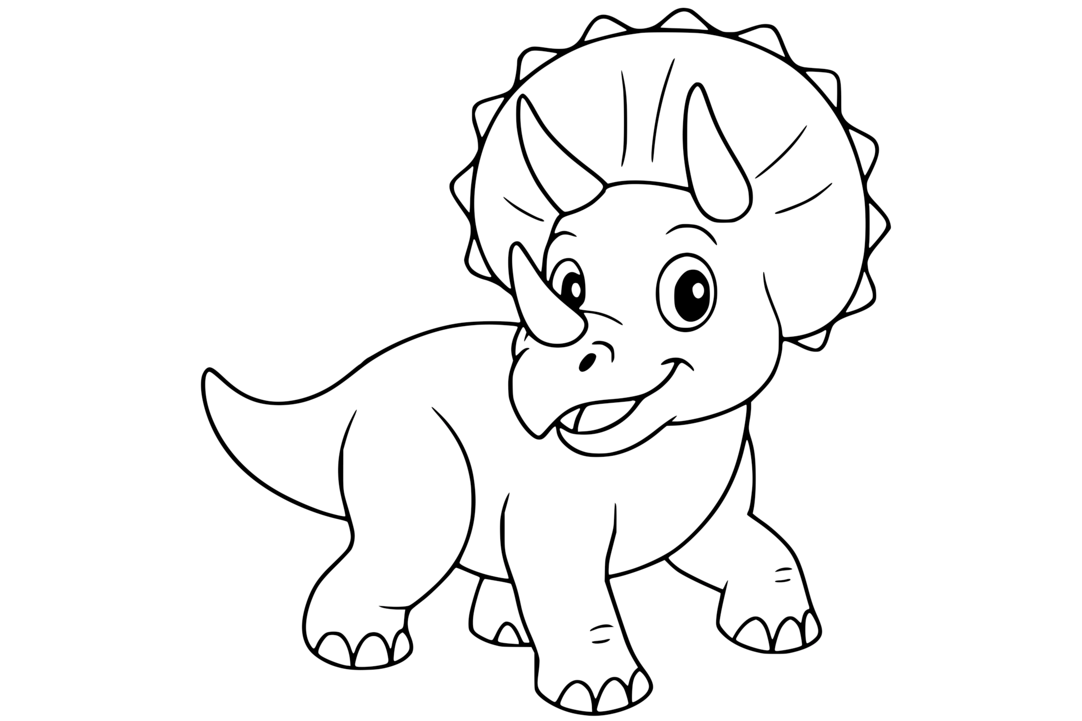 Triceratops Dinosaur with three facial horns, four legs, a short tail, and a large frill behind its head.