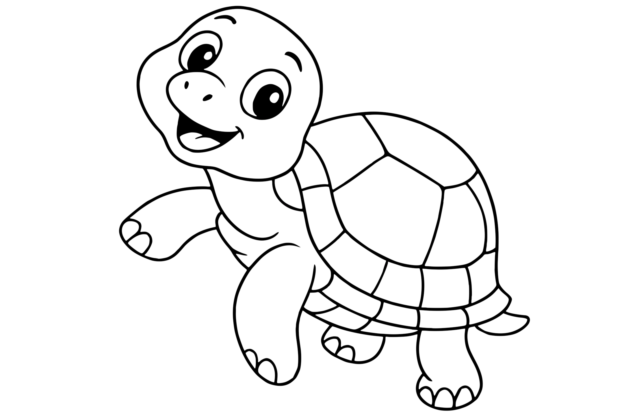 Turtle with a round shell and big eyes, walking playfully.