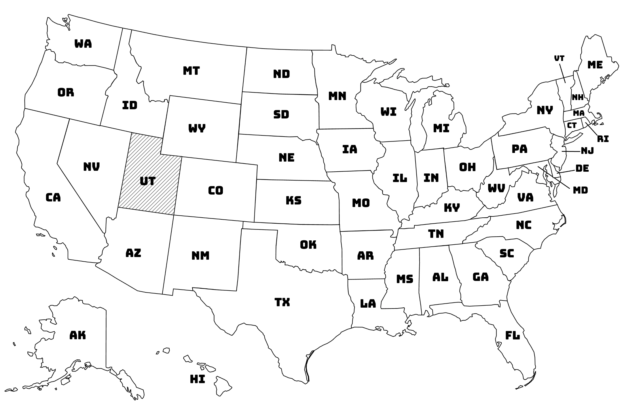 Map of the United States with Utah highlighted using diagonal shading.