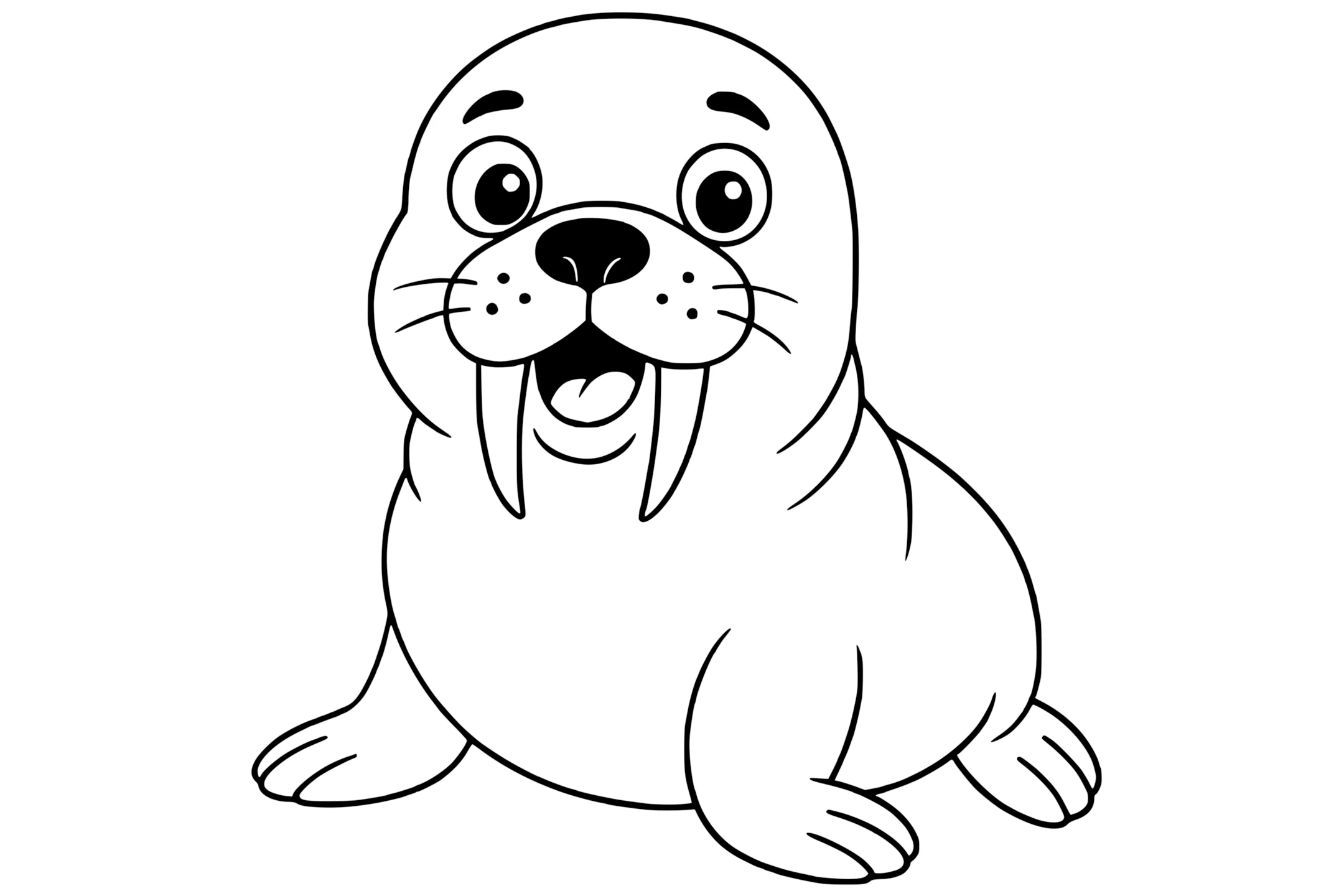 Walrus with big eyes, two long tusks, whiskers, and flipper-like front legs.
