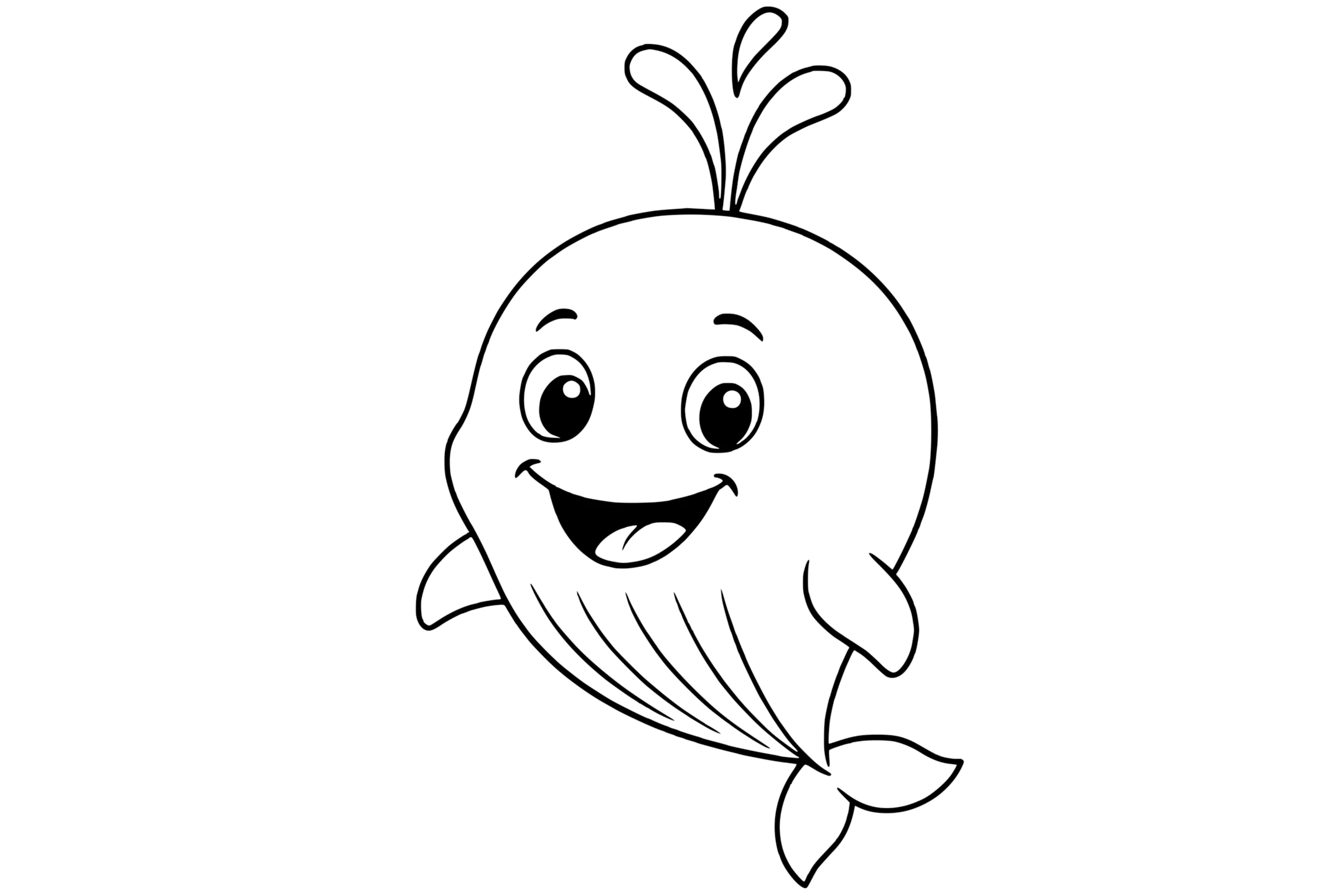Whale with big eyes, a wide smile, a spout of water, small fins, and a curved tail.