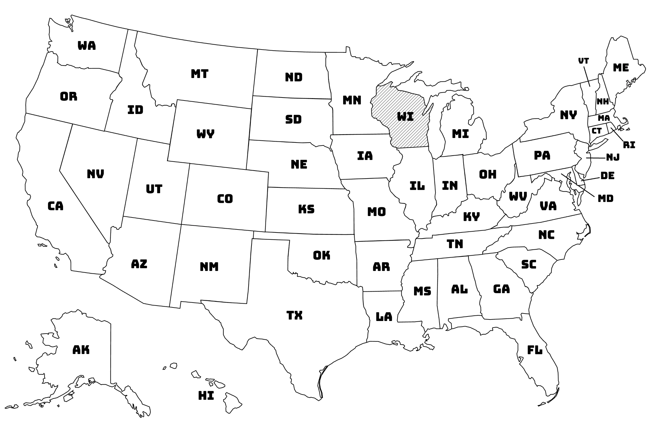 Map of the United States with Wisconsin highlighted using diagonal shading.