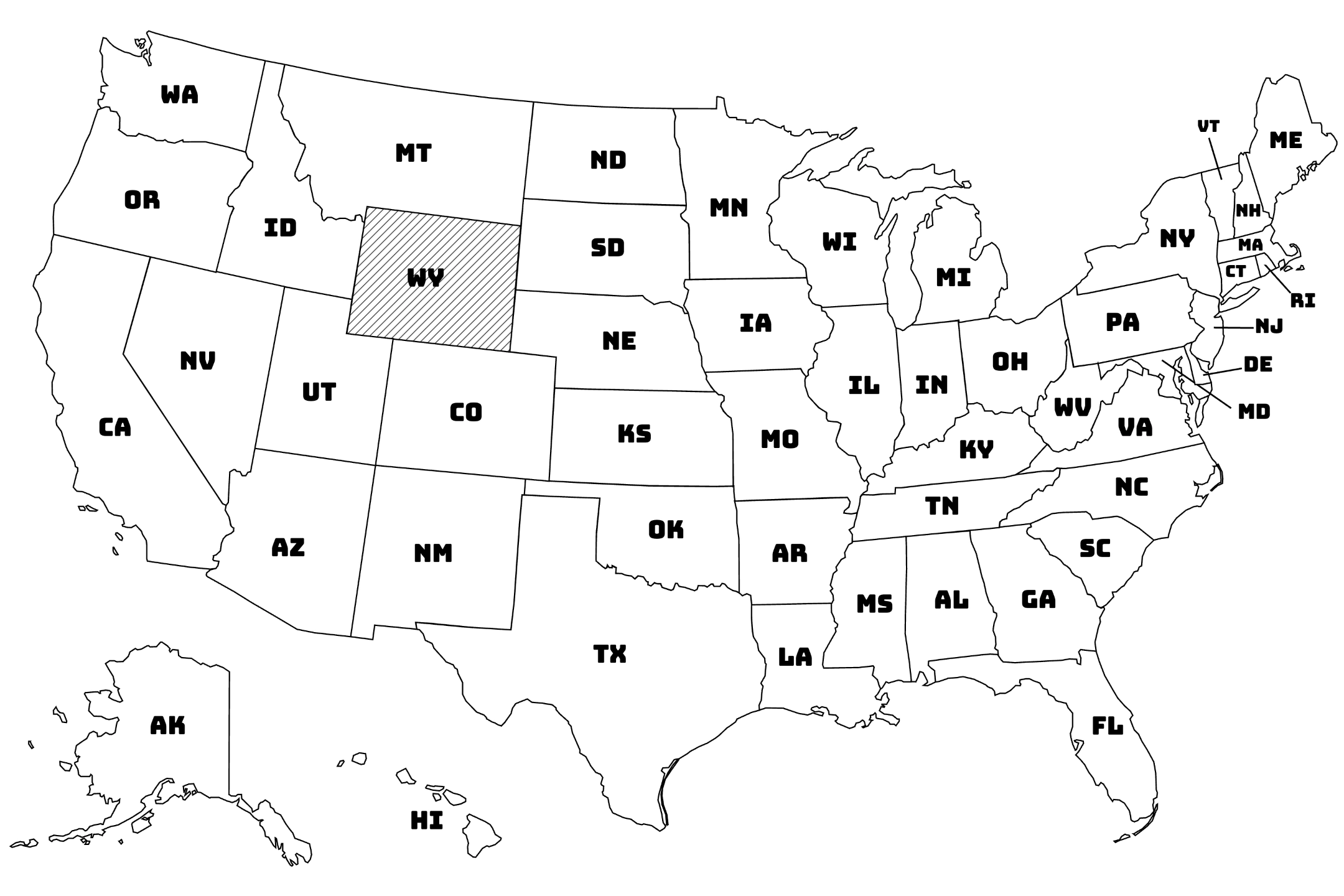 Map of the United States with Wyoming highlighted using diagonal shading.