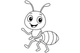 Ant with six limbs, curved antennae, and big eyes, standing in a forest setting with trees.