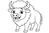 Bison with curved horns, fluffy hair, four hooved legs, and a tufted tail.