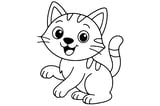 Cat sitting with one paw raised, big eyes, pointy ears, and a striped tail.