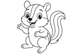 Chipmunk with big eyes, striped back, fluffy tail, and one paw raised.