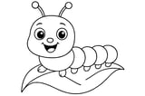 Caterpillar with big eyes, six legs, antennae, and a wide smile, sitting on a large leaf.