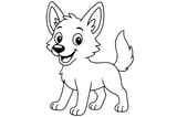 Coyote with large ears, a fluffy tail, and an open-mouthed smile, standing on all four legs.