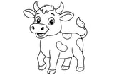 Cow with horns, big eyes, round spots, and a curly tail, standing on four legs.
