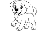 Dog with floppy ears, big eyes, a wagging tail, and its tongue sticking out while walking.
