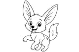 Fennec with big ears, a fluffy tail, four paws, and a cheerful expression.