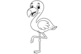 Flamingo standing on one leg with a curved beak, wings folded, and large eyes.
