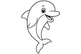 Dolphin with a curved mouth, dorsal fin, flippers, and a fluked tail.