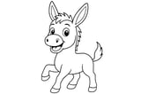Donkey with long ears, four legs, a short mane, and a fluffy tail.
