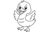 Duck with a wide beak, open wings, two webbed feet, and a joyful expression.