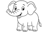 Elephant with large ears, a raised trunk, four legs, and a small tail with a tuft.