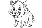 Wild Boar with tusks, big ears, four legs, and a tufted tail.